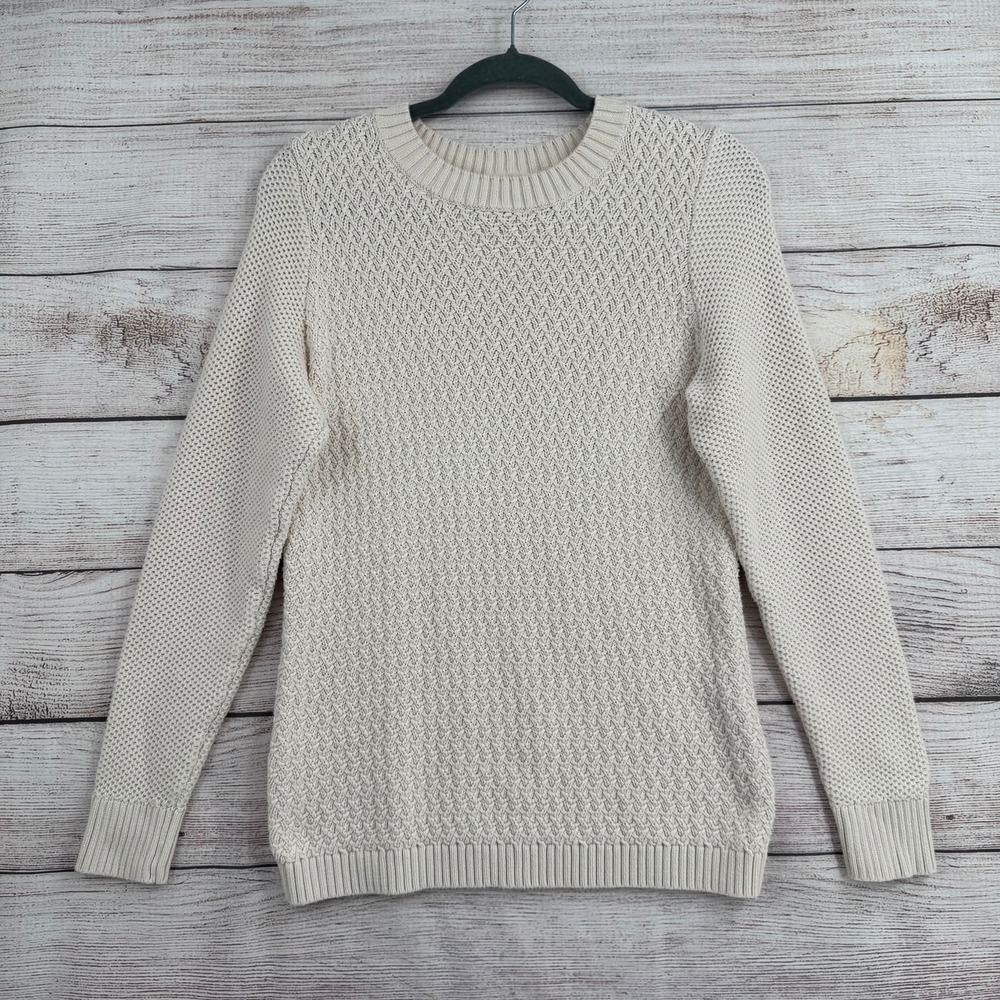 L.L.Bean Sweater Women M Cream Cotton Textured Honeycomb Knit Pullover 290401